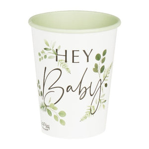 Hey baby white party cups with botanical leaf design.