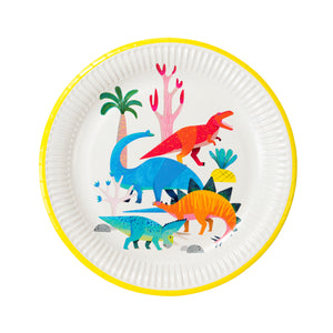 Dinosaur themed party plates with different types of dinosaurs.