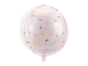 Pink round helium balloon with gold flecks for Christmas and New years eve celebrations.