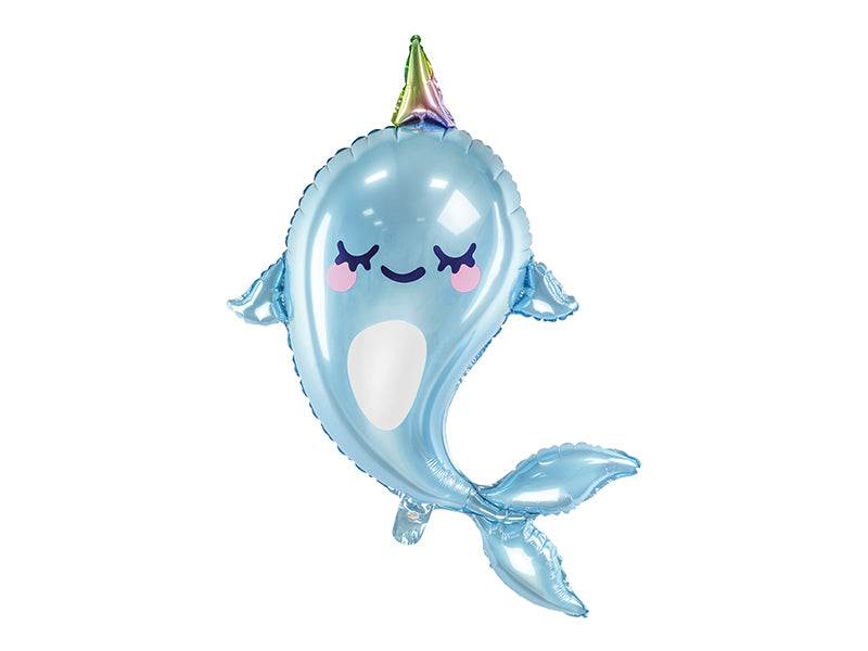 one Narwhal helium foil balloon bundle with two ombre purple and blue round foil helium balloons  with six blue glossy latex balloons
