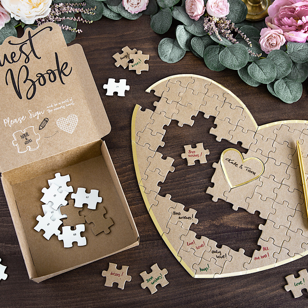 neutral kraft paper puzzle guest book with gold trim, 85 pieces for each guest to write there name on 