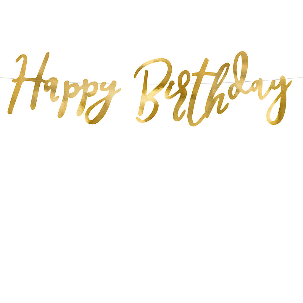 Gold happy birthday banner with the words cut out in paper mirror card