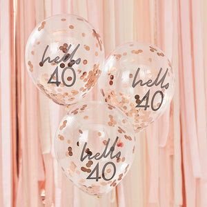 Hello 40 printed balloon filled with rose gold confetti