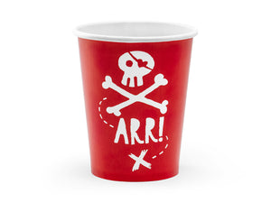  red paper cups with white illustration of skull and bones and the word arrPirate themed birthday party for girls and boys party or birthday parties from la di dah