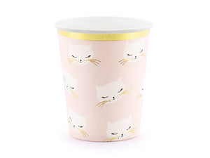 Pink, white and gold paper cat themed cup for girl and boys children's birthday party.