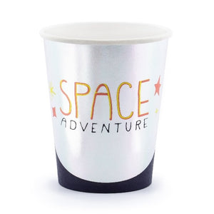 Silver paper party cups space themed.