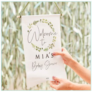personalised botanical baby shower sign with stickers to create your own message and ribbon to hang your sign