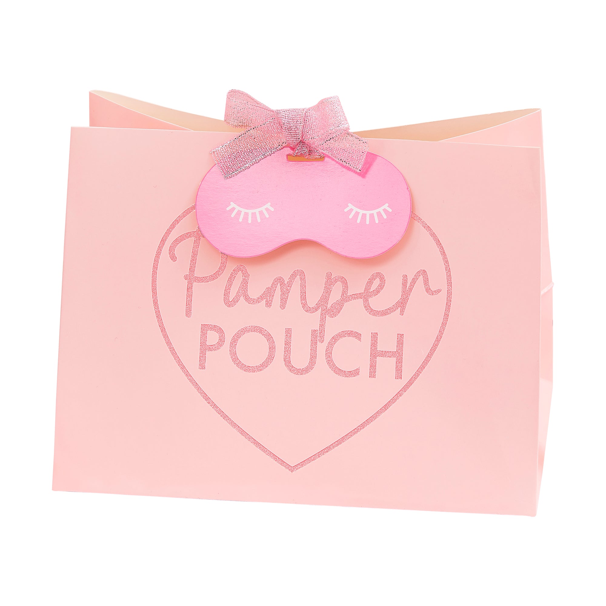 Pink pamper pouch party bag with cute heart mofif and eye mask name tag.