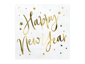 Happy new year napkin with white background and gold details. 