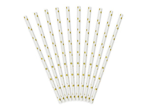 White and gold paper straws for festive party at Christmas and New year.