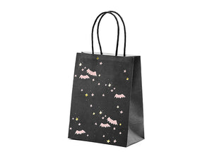 black halloween party bag with pale pink bats and pale pink and gold stars