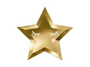 Gold star party plates with cute eyelashes and and rosy cheeks details.