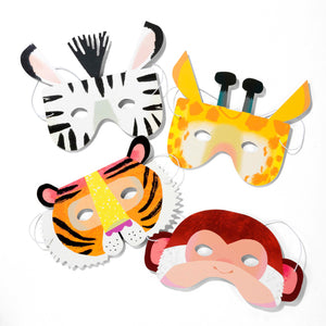 Four Jungle animal party masks. Zebra, tiger, giraffe and monkey.