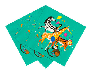 Turquoise napkins with jungle animal design including a zebra, giraffe, tiger and monkey. 