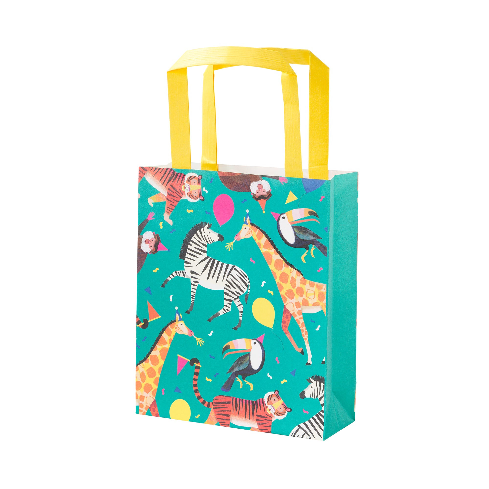 Jungle animal themed party bags. The party bag is decorated with an animal themed pattern on a turquoise background and a yellow handbag.