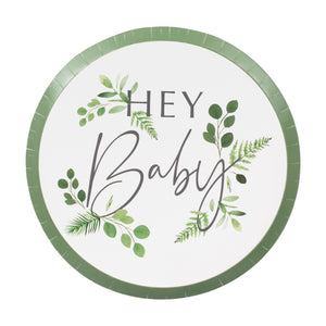 Baby shower hey baby white plates with botanical leaf design.