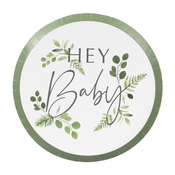 Baby shower hey baby white plates with botanical leaf design.
