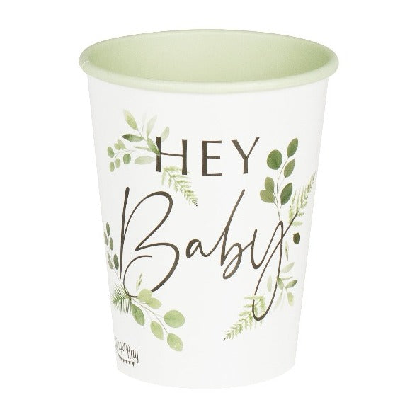 Baby shower hey baby white plates with botanical leaf design.