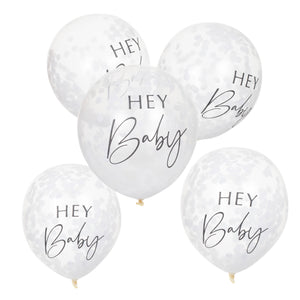 White hey baby confetti balloons.