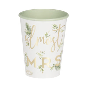 almost mrs botanical cups in a set of 8 with gold foil writing on a white background