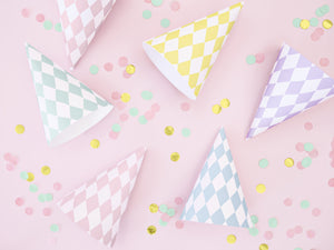 La di dah London checked pink, yellow and blue patterned party hats. Children's party hats for boys and girls.