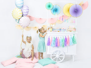 La di dah London Pastel party decorations. Children's birthday party pale blue, pink, purple, mint decorations including balloons and garlands. 
