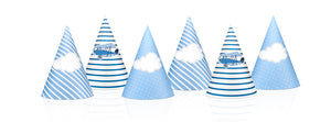 party hats in light blue with white clouds and a mix with stipes in white and blue with vintage aeroplane illustration for for aeroplane themed birthday party for girls and boys party or birthday parties from la di dah