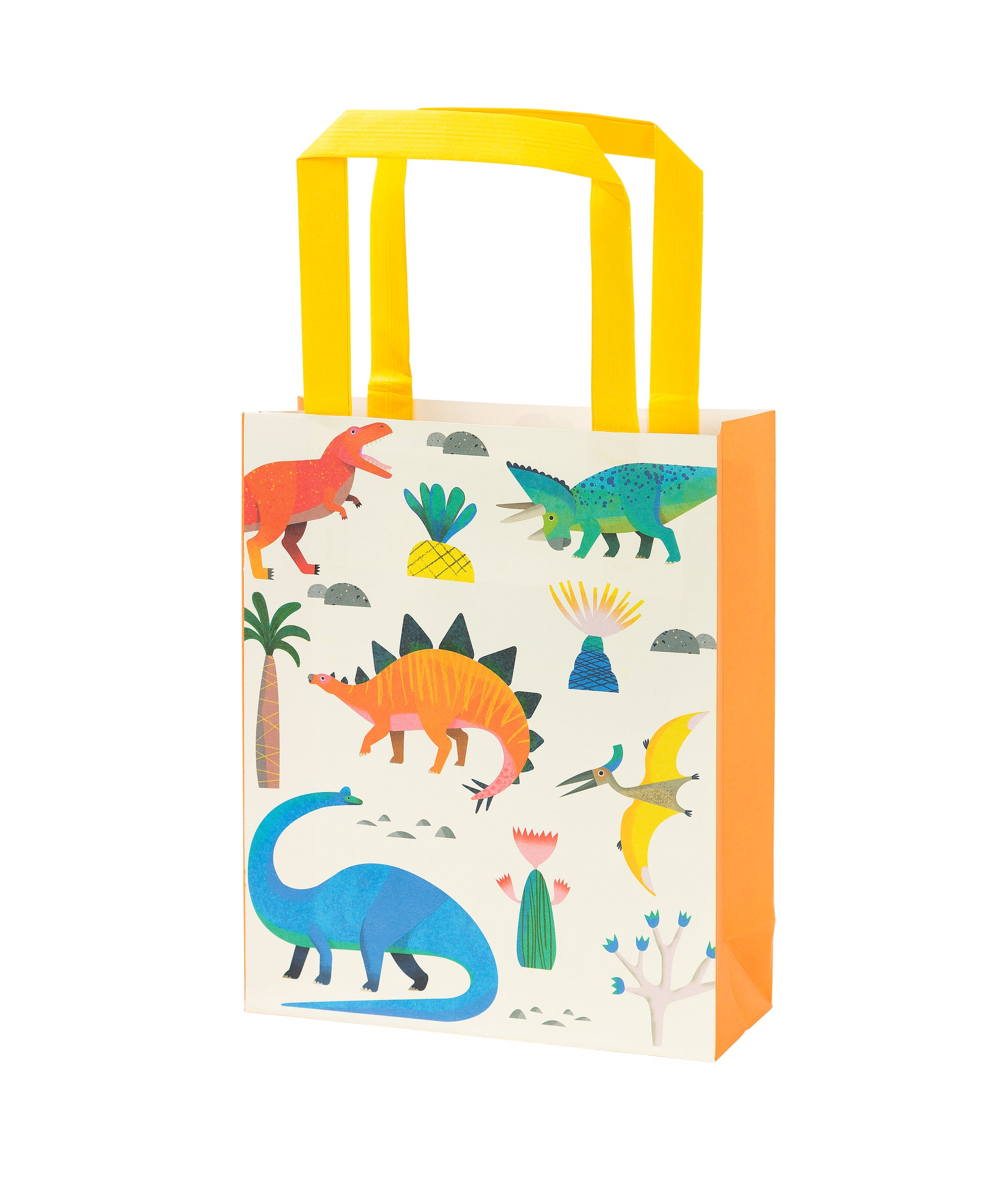 Party bag with multi coloured dinosaur pattern and yellow handle.