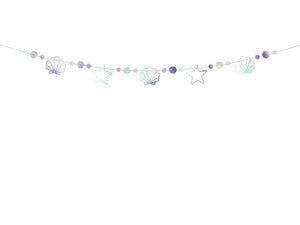 mermaid themed party, iridescent shell garland girls and boys birthday party by la di dah London