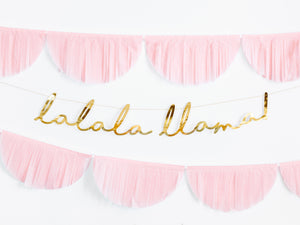 Pale pink and gold llama party decoration. Pink scalloped garland with gold llama party garland for baby shower, birthday or special occasion.