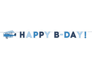 Happy b day banner with letters in shades of light and dark blue with an aeroplane motif cut out in blue for aeroplane themed birthday party for girls and boys party or birthday parties from la di dah
