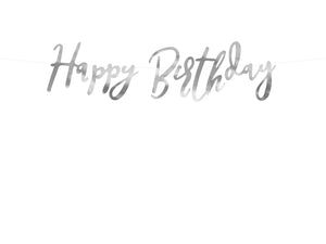 silver happy birthday writing banner from la di dah london for birthday parties and party