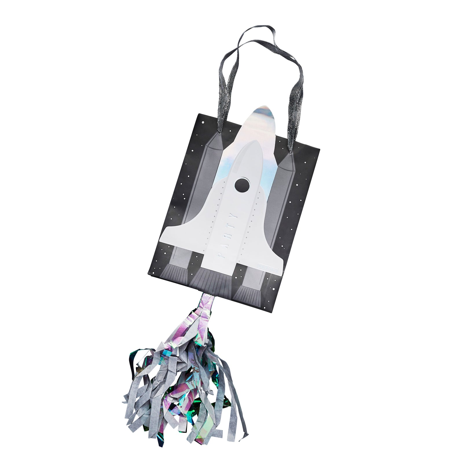 Black white and silver space paper party bags with rocket design and hanging silver tassel