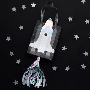 Black white and silver space paper party bags with rocket design and hanging silver tassel