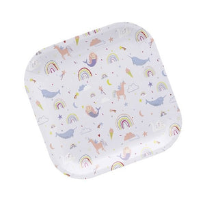Square unicorn and rainbow themed paper party plate. 