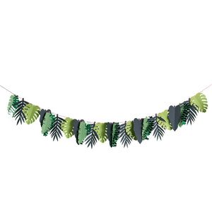 Green leaf garland for decorating a jungle themed party. 