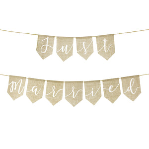 Neutral burlap  just married wedding banner in white printed writting 
