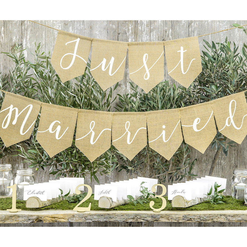 Neutral burlap  just married wedding banner in white printed writting 