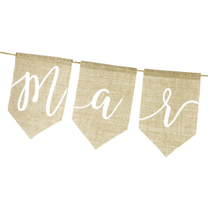 burlap wedding sign just married in white print