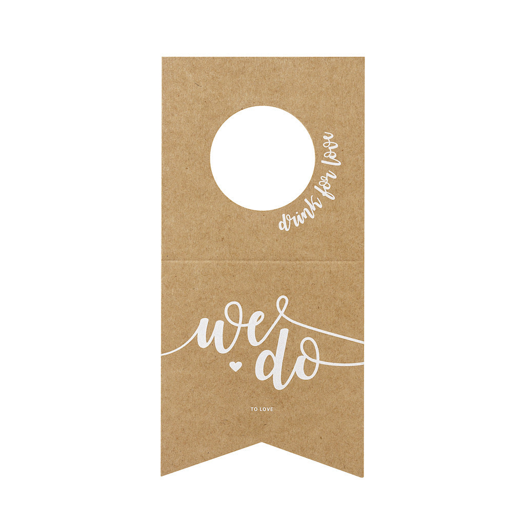 We do bottle hangers in kraft paper with white printed writing with a love heart motif