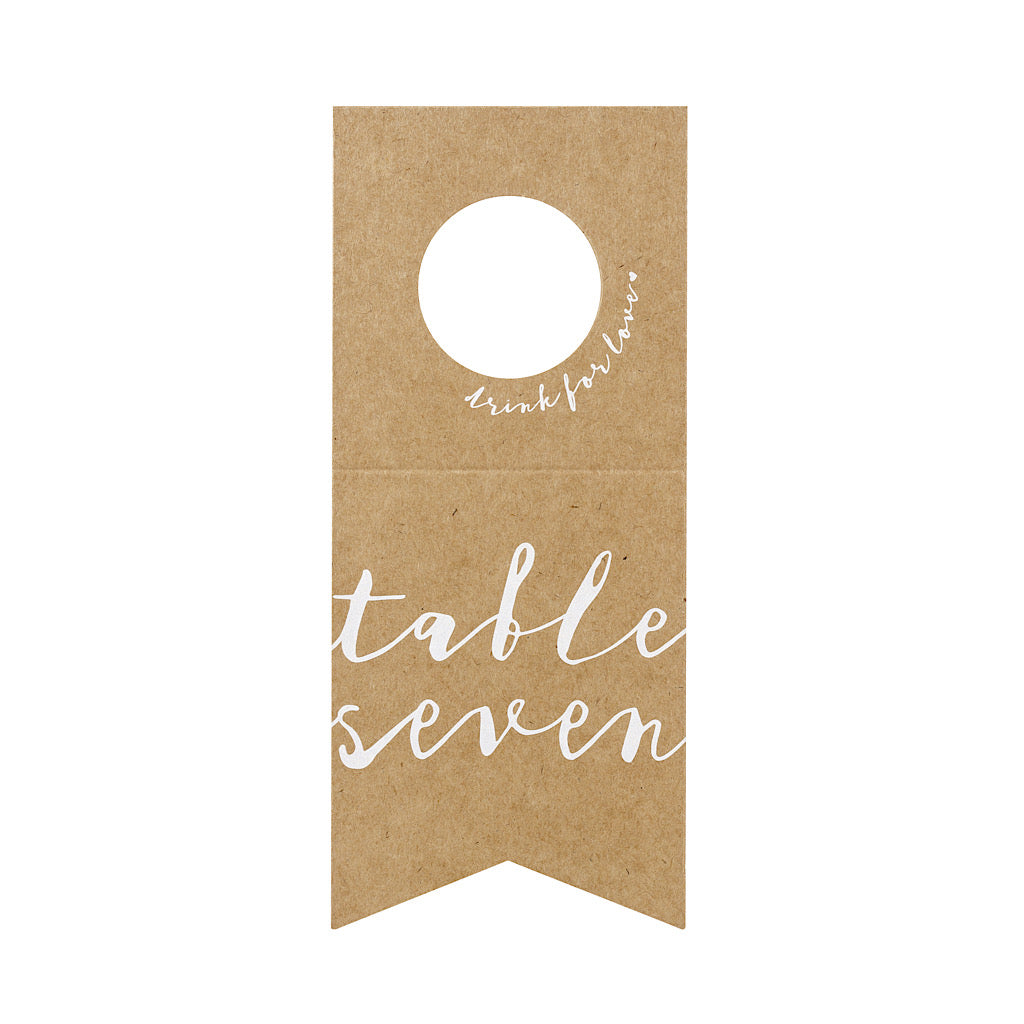 wedding bottle hanger table numbers in brown kraft paper with white descriptive writing