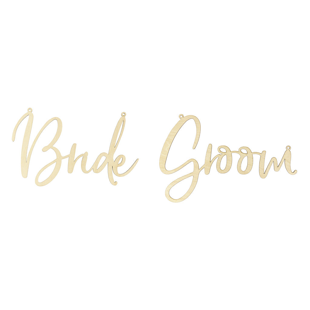 Natural Wooden laser cut wedding chair signs in the words bride and groom 