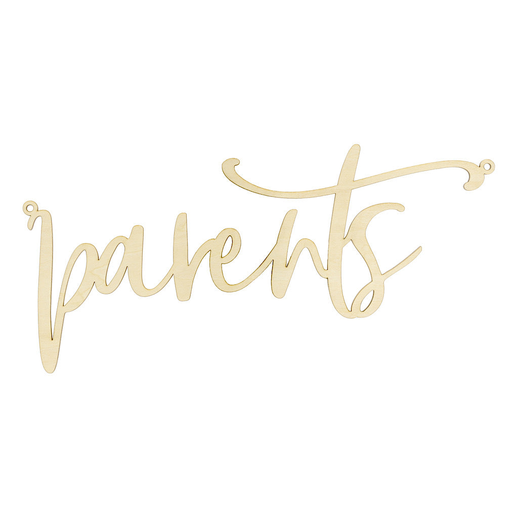 natural wood laser cut wedding chair sign with the words parents to display on the back of your chairs