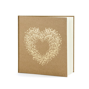 wedding guest book with gold foil heart print on brown kraft paper bound book with white pages to write in