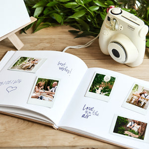 wedding guest book with white pages and brown kraft paper front with gold foil heart detail, perfect for your guest to leave a message or photo inside