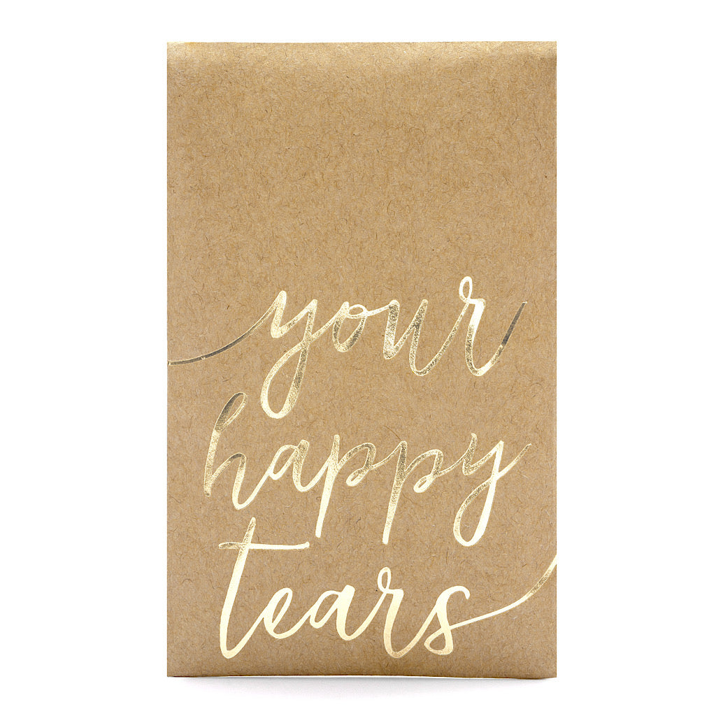 Your happy tears pack of wedding tissues in gold foil writing on a brown kraft paper pack