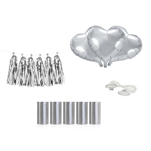 Car decoration kit for your wedding day with three silver heart foil balloons, one tassle garland and five silver cans with clear suction caps and fishing line included