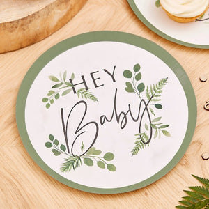 Hey baby printed words on plates with botanical motif and green trim on the outside of the plates, sets of 8