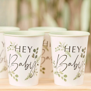 Botanical motif printed design on white cups with light green inside with the words hey baby written on the front, set of 8