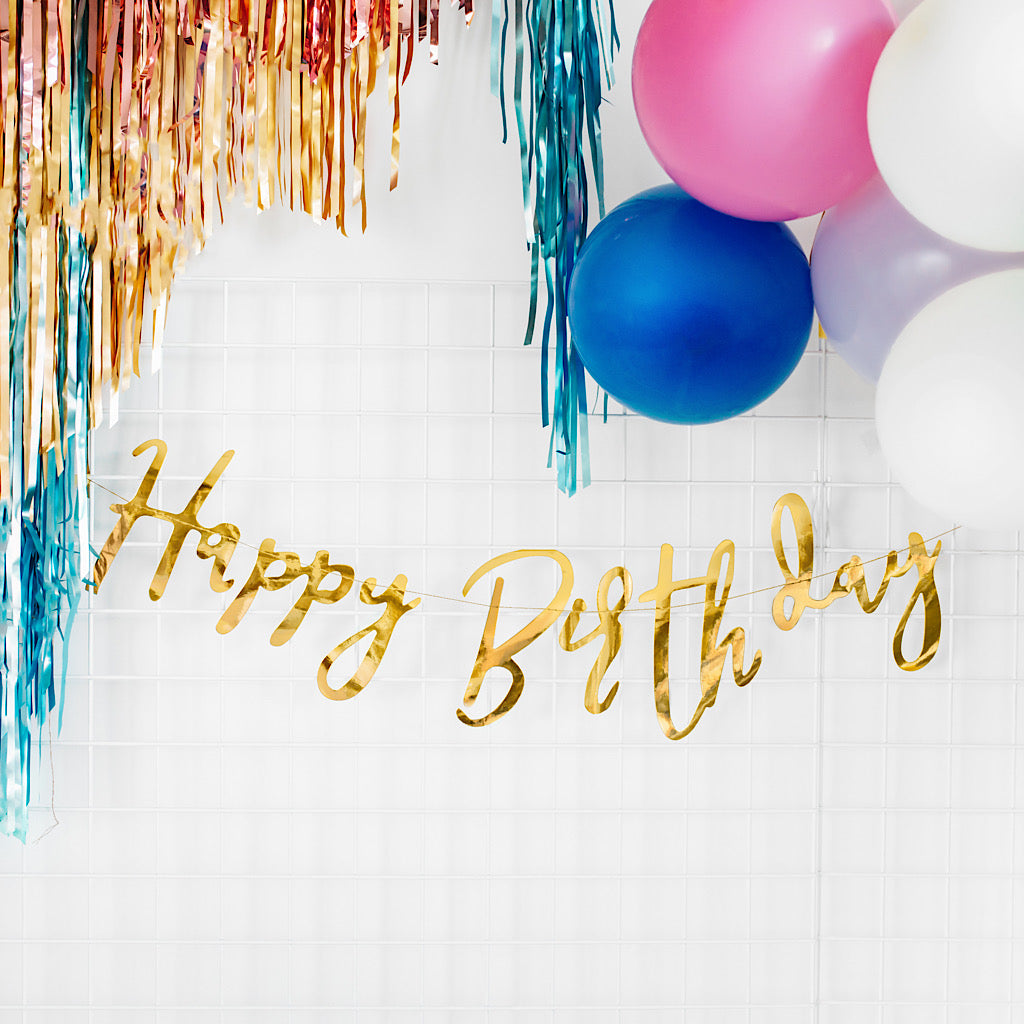 Gold happy birthday banner with the words cut out in paper mirror card